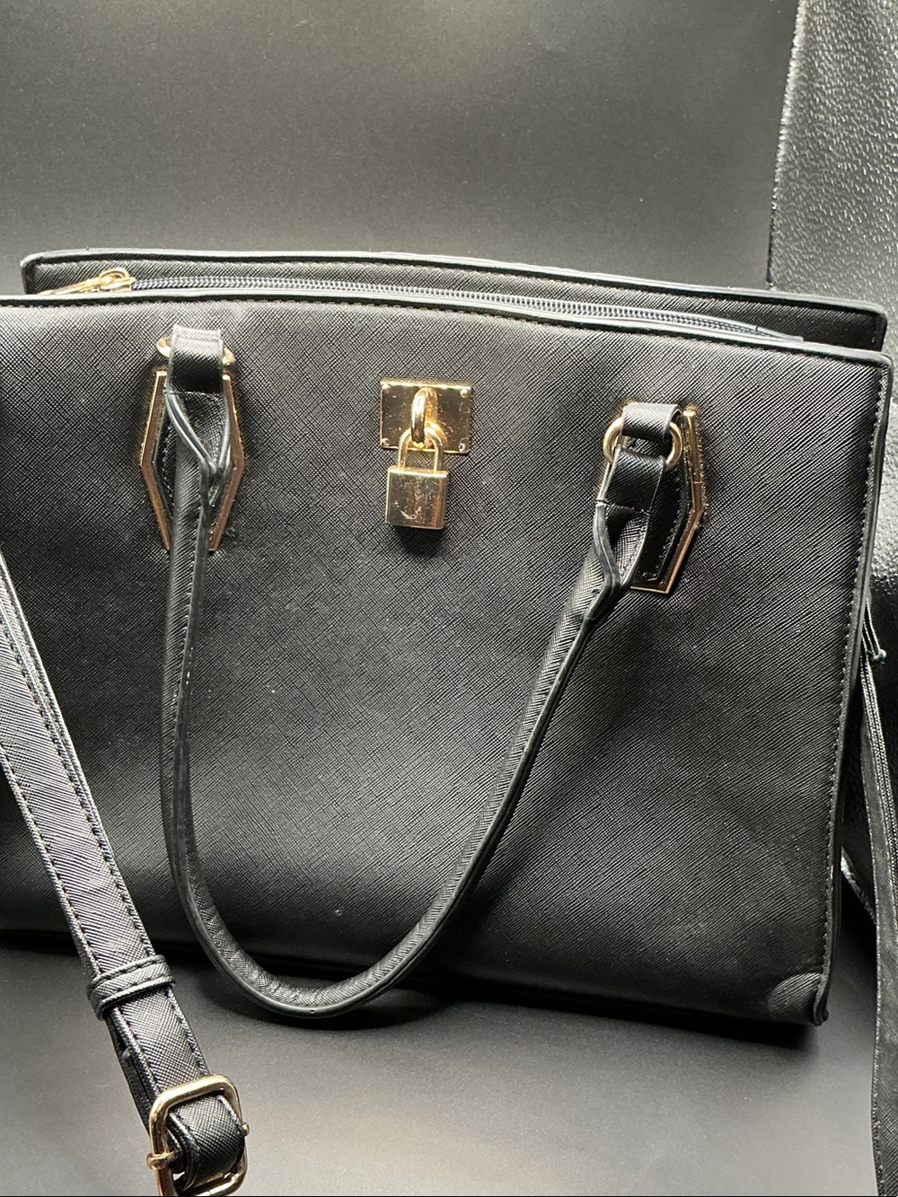 Black Structured Shoulder Tote with Gold Hardware